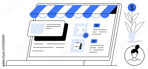 Digital marketplace with storefront awning, product cards, discount tag, shopping cart, user profile. Ideal for e-commerce, online shopping, sales, retail marketing advertising digital storefront