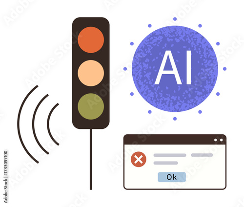 Traffic light with signals, AI bubble, and error message box representing decision-making, automation, ethical dilemmas, algorithms, technology efficiency, communication, and smart systems in
