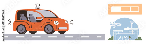 Self-driving car emitting radar signals while moving on road, destination tracker, airport building icon. Ideal for transport innovation, technology, smart travel, automation, AI, future mobility