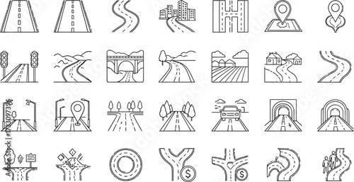 Diverse road journey icons, urban cityscape, rural paths, tunnels, and traffic signals for navigation and travel concepts