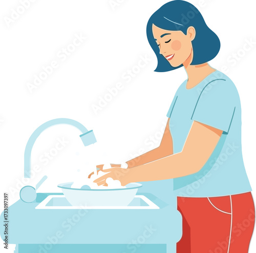Smiling woman gently washes hands in soapy water at sink, promoting hygiene and wellness with clean, modern aesthetic