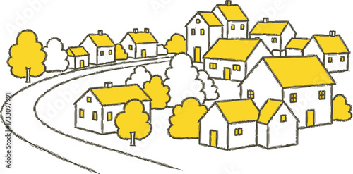 Charming village scene with yellow rooftops and winding road, perfect for storybook illustrations