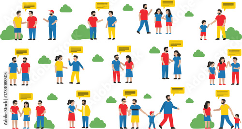 Cartoon people talking, communication illustration, diverse characters conversation, outdoor dialogue scene, speech bubbles vector, family discussion, friends chatting, teamwork interaction