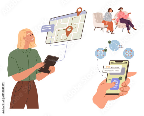 Young woman with tablet checking digital map, hand using smartphone biometric login, and diverse group discussion. Ideal for teamwork, navigation, technology, security, communication, digital nomad
