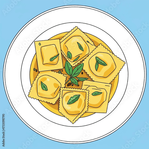 A top-down view of a plate of delicious ravioli garnished with fresh basil leaves and black pepper.