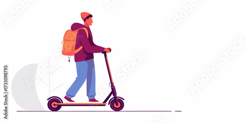 Young man wearing a beanie and backpack rides an electric scooter on a white background with minimalist abstract elements