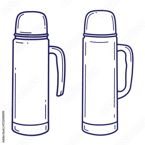 Hand drawn illustration of two insulated travel flasks for hot or cold beverages