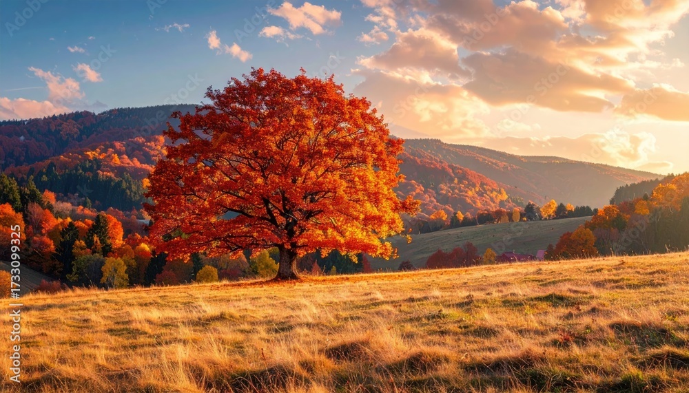 Fototapeta premium Dramatic Sunset Over Autumnal Landscape with Orange Leaved Tree on Grassy Hill Against Mountainous Background Under Cloudy Sky