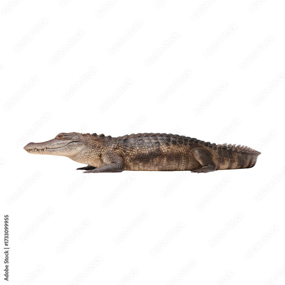 Naklejka premium Detailed View of a Large Crocodile Lying on a White Background Isolated for Wildlife and Nature Applications