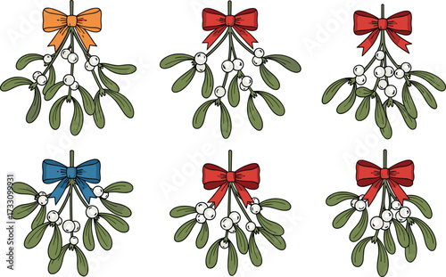 Christmas mistletoe illustration, festive holiday decoration, green leaves with white berries, colorful bows, seasonal ornament design, winter celebration, vector artwork