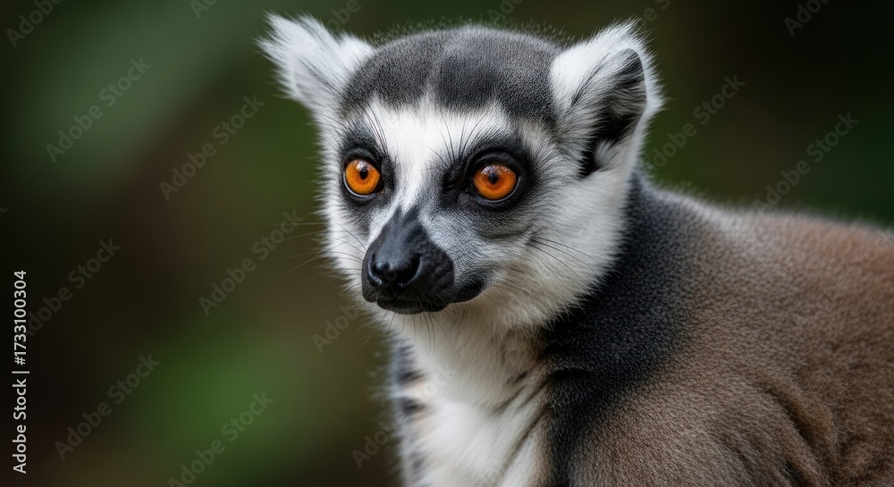 Fototapeta premium Lemur stares ahead with orange eyes and gray/white fur in soft light