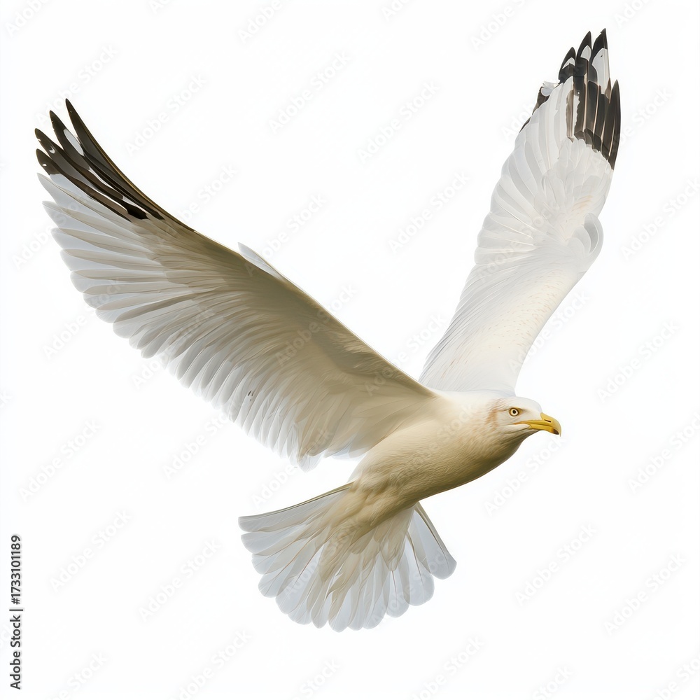 Fototapeta premium Majestic White Bird in Flight with Open Wings Against Clear Sky
