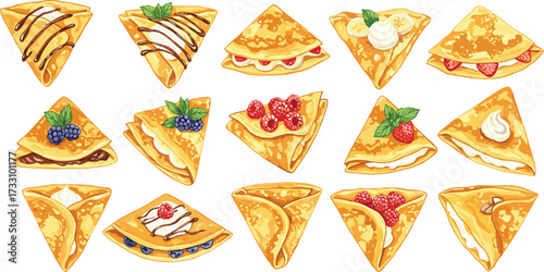 Crepes, dessert, sweet food, strawberry, blueberry, raspberry, whipped cream, chocolate drizzle, powdered sugar, gourmet, breakfast, brunch, pastry, bakery, delicious, tasty, homemade