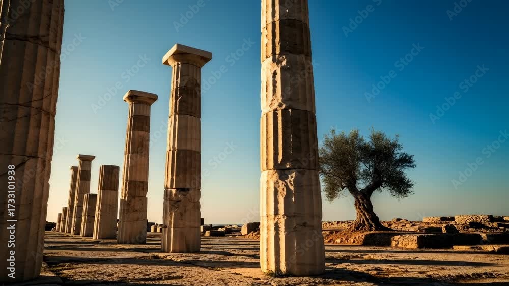 Ancient greek temple ruins with columns in a row and an olive tree at ...