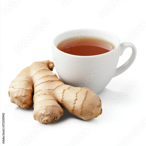 Fresh Ginger Root with Cup of Tea on Bright Background