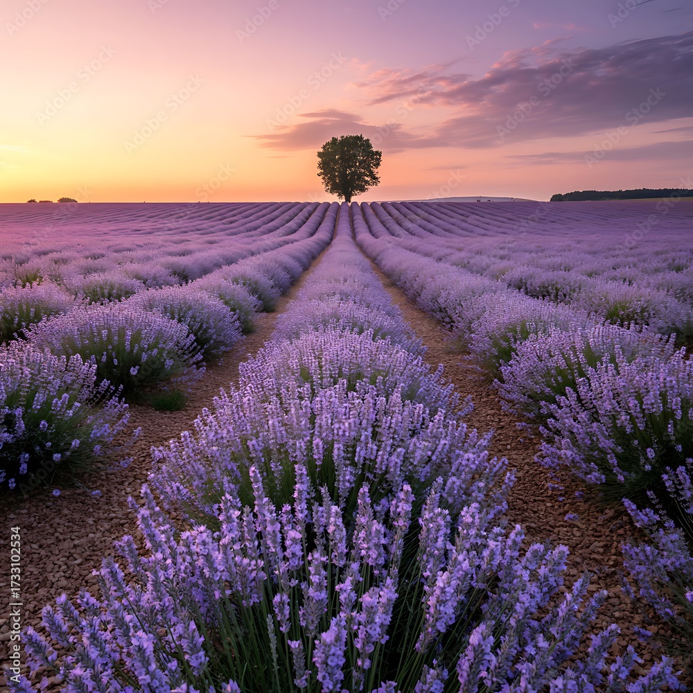 Obraz premium Tranquil lavender fields under a golden sunset with a solitary tree