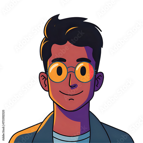 Cartoon man with glasses and dark hair looking forward