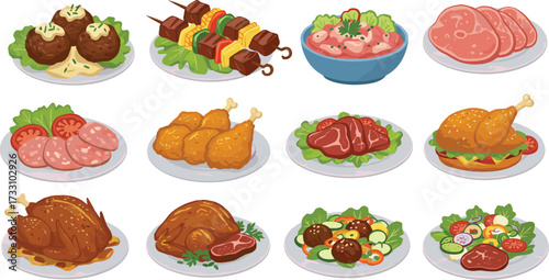 Delicious food illustration, grilled skewers, roasted chicken, fresh salad, steak, turkey, sausage, fried chicken, gourmet meals, international cuisine artwork