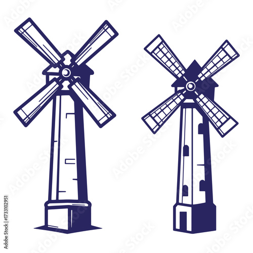 Two elegant blue outline illustrations of traditional european windmills on white background