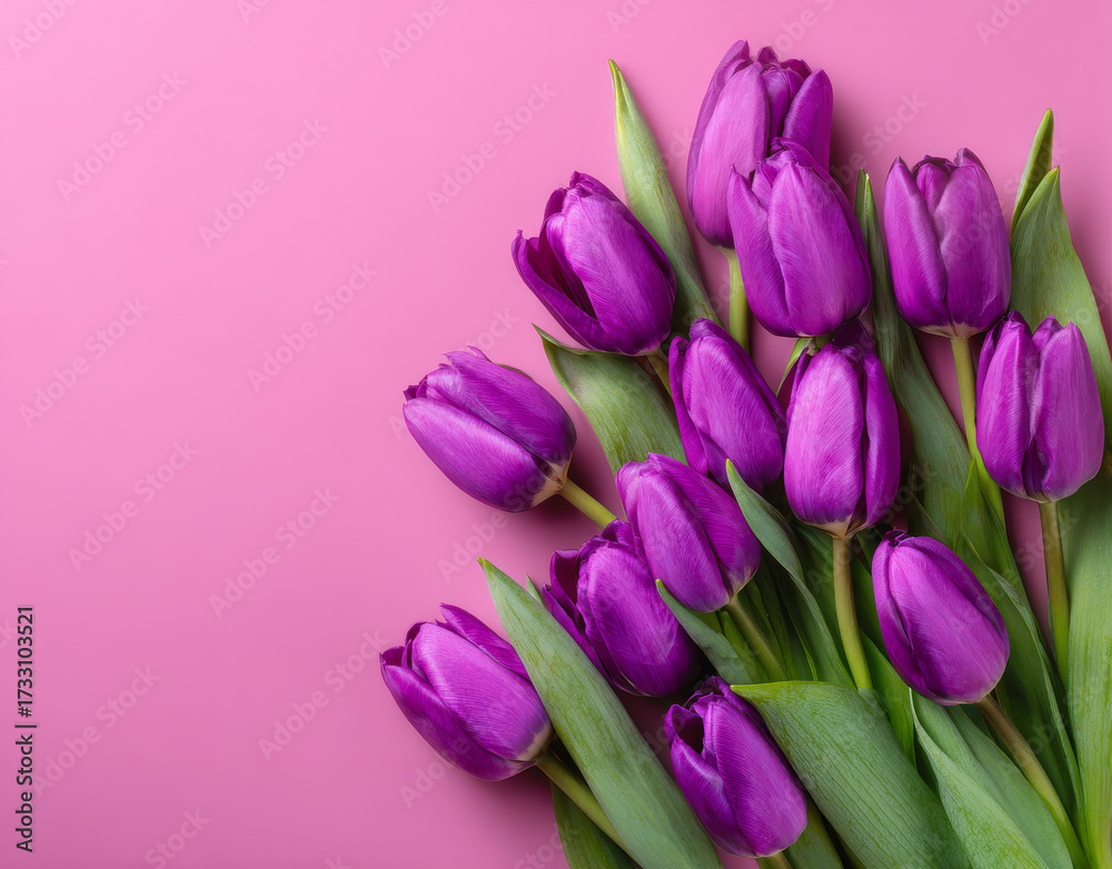 Fototapeta premium Beautiful purple tulips arranged elegantly on soft pink background, creating vibrant and cheerful atmosphere