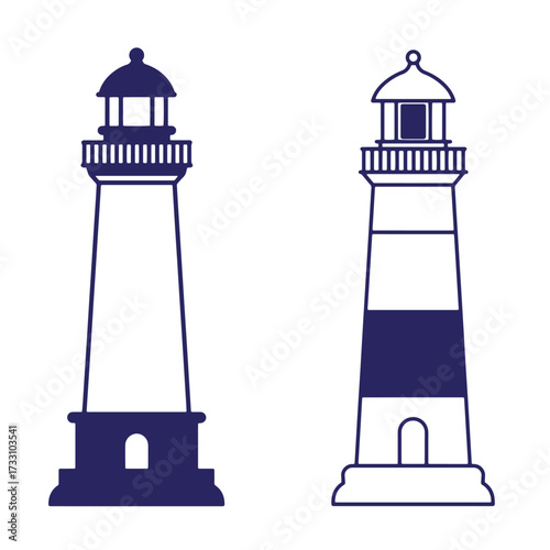 Two minimalist dark blue outline lighthouse illustrations on a white background