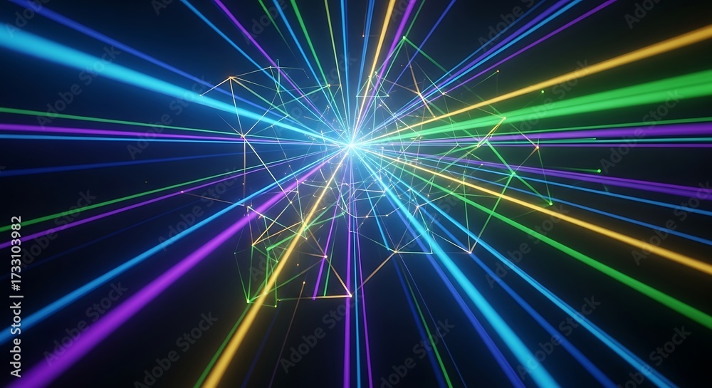 Naklejka premium Explosive Burst of Colorful Laser Beams and Geometric Network on Black abstract explosion