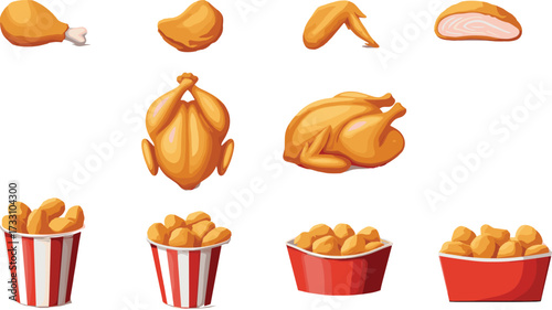 Fried chicken drumstick, crispy chicken wing, roasted whole chicken, grilled chicken breast, fast food bucket, fried chicken meal, takeaway