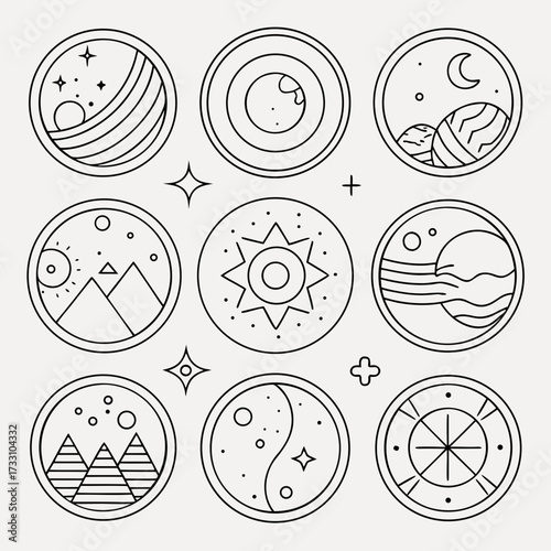 A collection of ultra-simple, clean line art badges. Features delicate, single-line depictions of the planet Earth, different moon phases, orbiting paths, and minimalist suns. The aesthetic is calm, m
