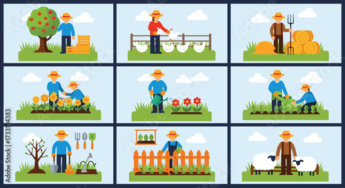 Farmer harvesting apples, feeding chickens, tending sunflowers, watering flowers, planting vegetables, herding sheep, seasonal farming, gardening activities, agriculture lifestyle
