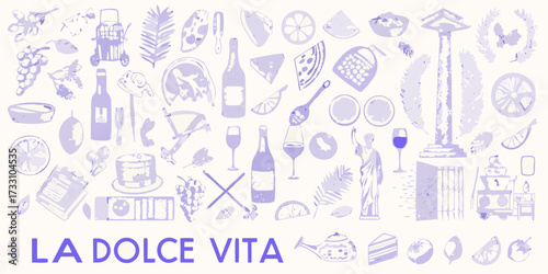 La dolce vita italian lifestyle collage featuring food drink travel and iconic symbols