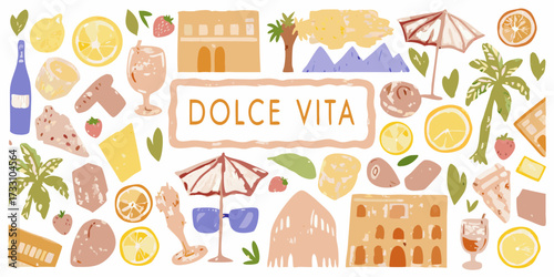 Dolce vita collection of italian summer icons and symbols celebrating a sweet life