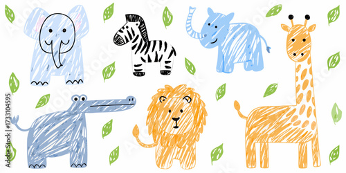 Cute hand drawn safari animals including elephants zebra lion giraffe and crocodile with green leaves on white background