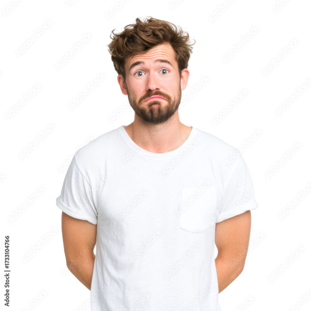 Obraz premium Young Man Exhibiting Uncertainty with Confused Expression and Casual Attire in Bright Studio Background