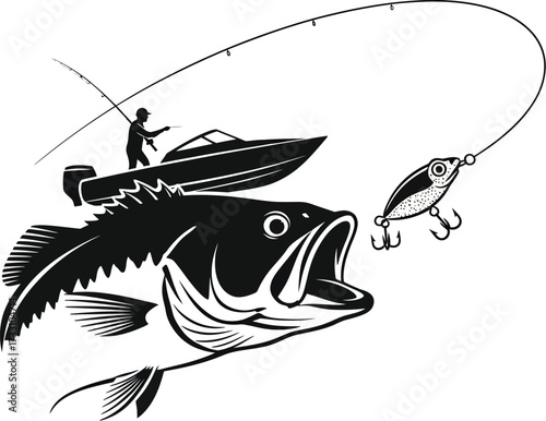 Exciting bass fishing action with angler in boat casting lure to hungry fish jumping from water