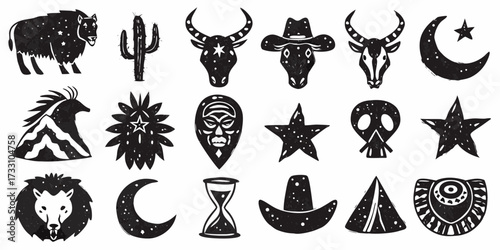 Collection of hand drawn black and white western and tribal icons with star and moon motifs