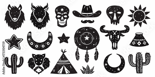 Collection of black and white boho tribal elements featuring animals skulls sun moon and cacti