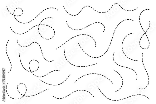 Hand drawn curve dotted line, Spiral dotted line hand drawn, Dotted lines path on white background. Path travel dotted line trip dashed trace destination. Vector illustration