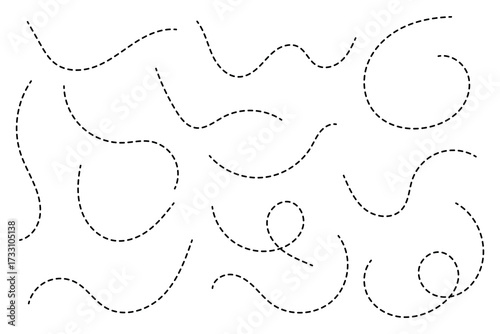 Hand drawn curve dotted line, Spiral dotted line hand drawn, Dotted lines path on white background. Path travel dotted line trip dashed trace destination. Vector illustration