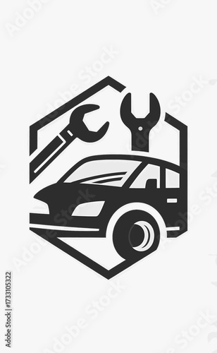 Professional car care and repair concept icon featuring an automobile silhouette and wrenches inside a hexagon frame