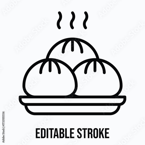 Three Steamed Dumplings on Plate Isolated Vector Lineal Style Icon, Editable Stroke.