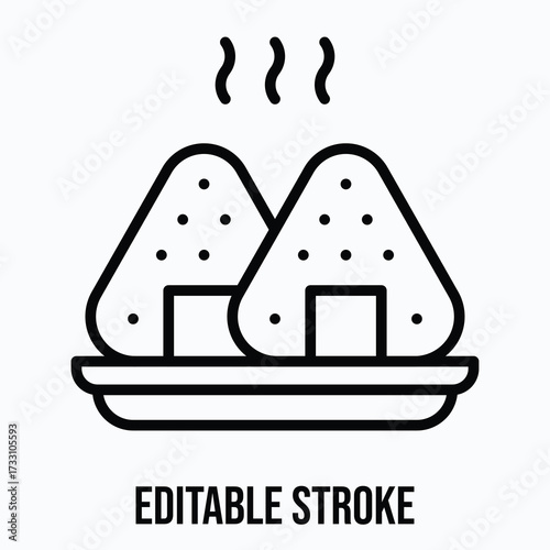Rice Balls (Onigiri) on Plate Isolated Vector Lineal Style Icon, Editable Stroke.
