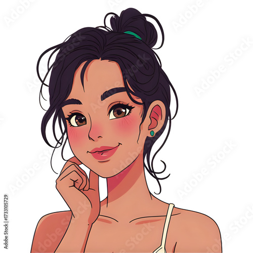 Illustration of a smiling woman with dark hair in a bun
