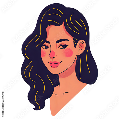 Illustration of a woman with dark hair and pink cheeks