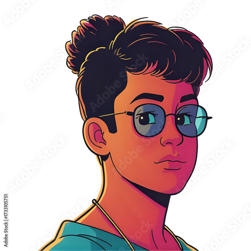 Illustration of a person with glasses and a hair bun
