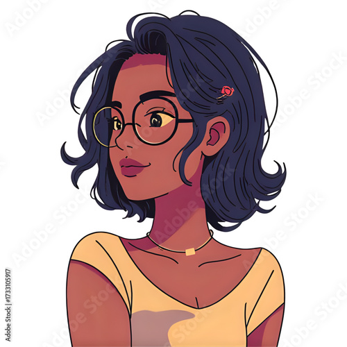 Illustration of a woman with glasses and a yellow shirt