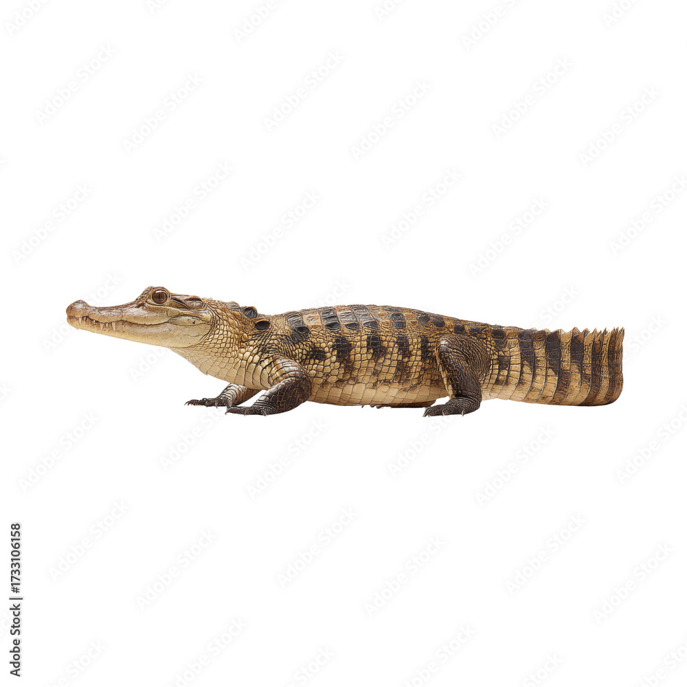 Naklejka premium Young Crocodile Resting on White Background with Detailed Scales and Distinctive Pattern Highlighted
