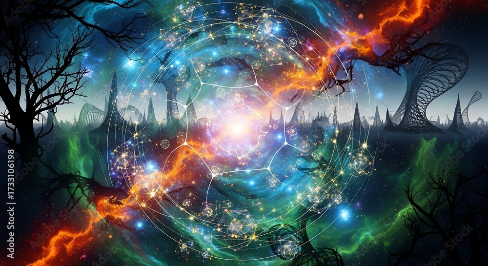 Fototapeta premium Surreal Cosmic Landscape with Geometric Orbits and Ethereal Trees space universe