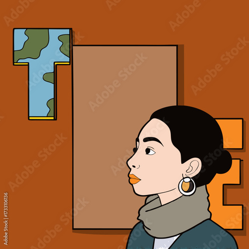 Contemplative Woman Profile with Earth Map Letter T - TERRE Series Illustration