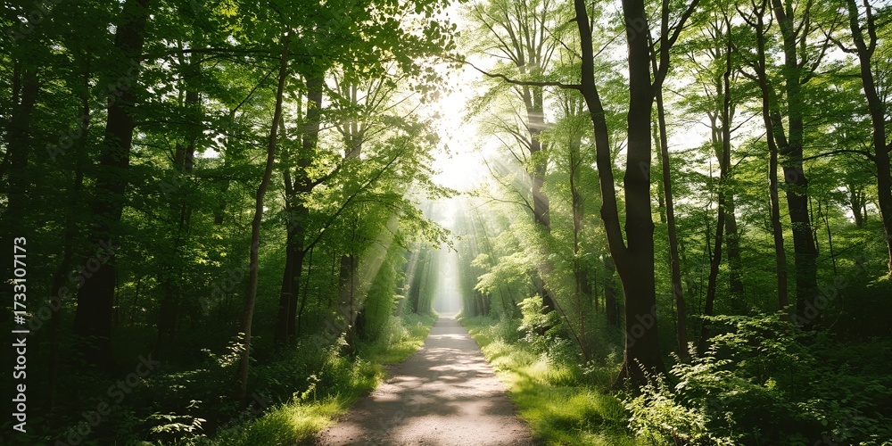 Fototapeta premium A sunlit path winds through a lush green forest with light rays filtering through the dense canopy