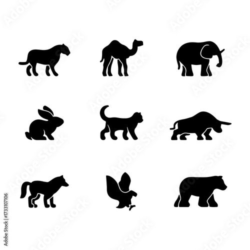 Collection of nine distinct animal silhouette icons, including a camel, elephant, rabbit, cat, bull, horse, squirrel, and bear, presented on a white background